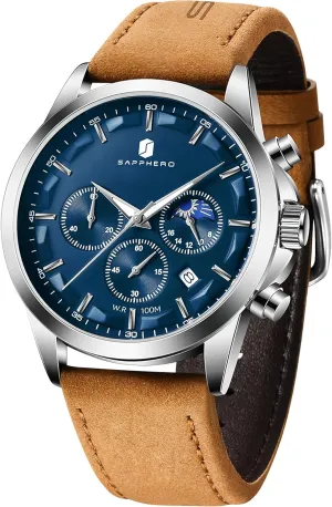 Casual Dress Watch for Men Luminous Date Gold/Silver/Black Design-Easy-to-Read groom survivability Luxury Dial-Leather Unique Elegant Gift SAPPHERO Men's Watches Stainless Steel Chronograph Waterproof Quartz-Business 