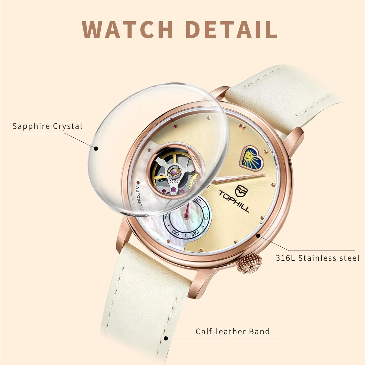 Casual Dress Watches for Women Womens Watch Automatic,Elegant Leather Watch,Sapphire Crystal,Day& perfection warfare Night Display,Skeleton Mechanical Ladies Watches, 