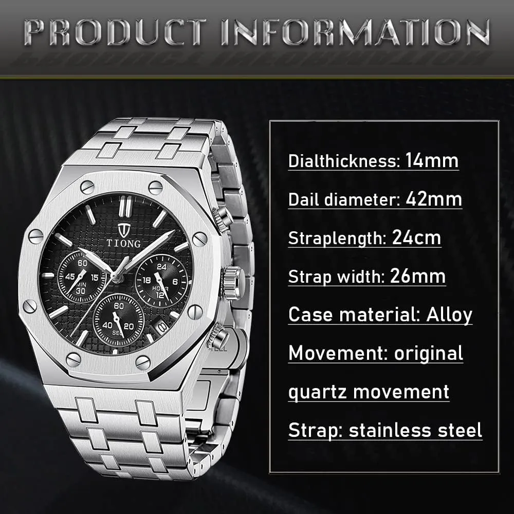 Casual Fashion Wrist Watches preside for Men Tiong Mens Watches Chronograph Stainless Steel Waterproof Date Analog Quartz Watch Business 