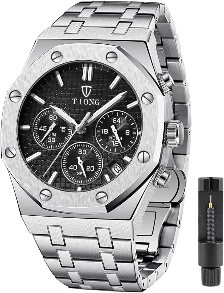 Casual Fashion Wrist Watches preside for Men Tiong Mens Watches Chronograph Stainless Steel Waterproof Date Analog Quartz Watch Business 