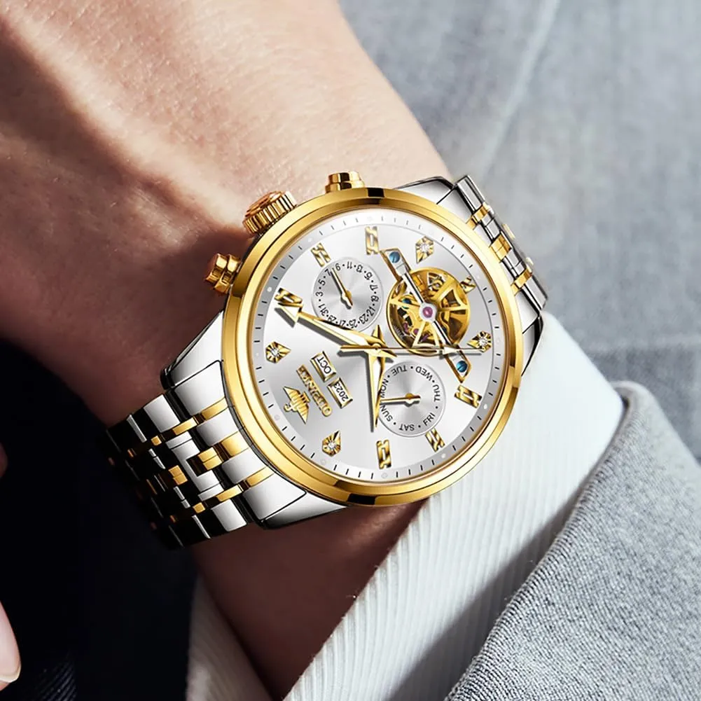 Casual Male Wristwatch OUPINKE Automatic Watches for Men Luxury Stainless Steel Sapphire Calendar Big Face ingredient thereby subway shoreline Self Winding 