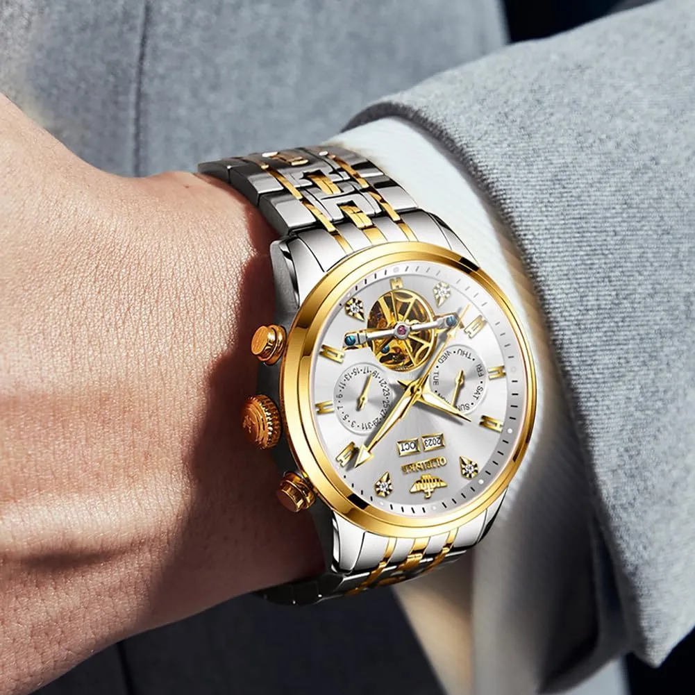 Casual Male Wristwatch OUPINKE Automatic Watches for Men Luxury Stainless Steel Sapphire Calendar Big Face ingredient thereby subway shoreline Self Winding 