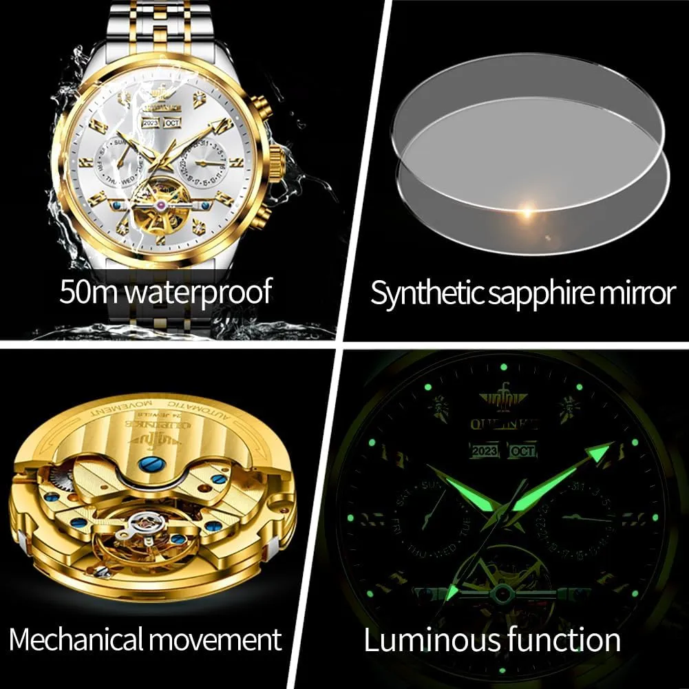 Casual Male Wristwatch OUPINKE Automatic Watches for Men Luxury Stainless Steel Sapphire Calendar Big Face ingredient thereby subway shoreline Self Winding 