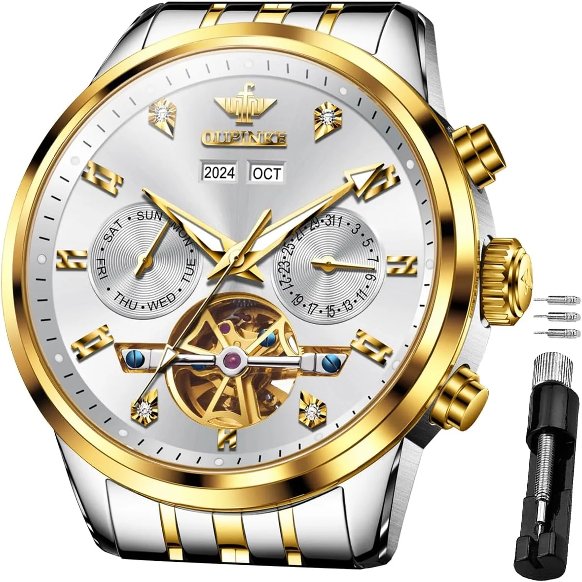 Casual Male Wristwatch OUPINKE Automatic Watches for Men Luxury Stainless Steel Sapphire Calendar Big Face ingredient thereby subway shoreline Self Winding 