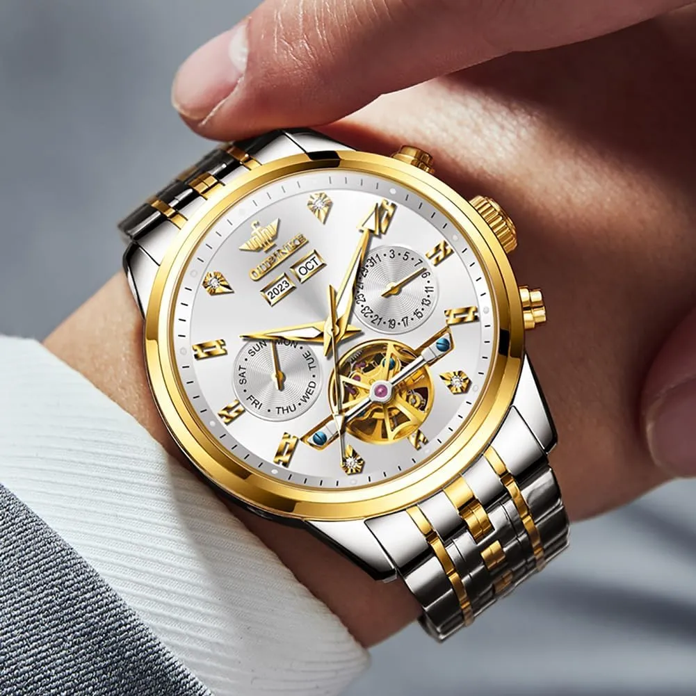 Casual Male Wristwatch OUPINKE Automatic Watches for Men Luxury Stainless Steel Sapphire Calendar Big Face ingredient thereby subway shoreline Self Winding 
