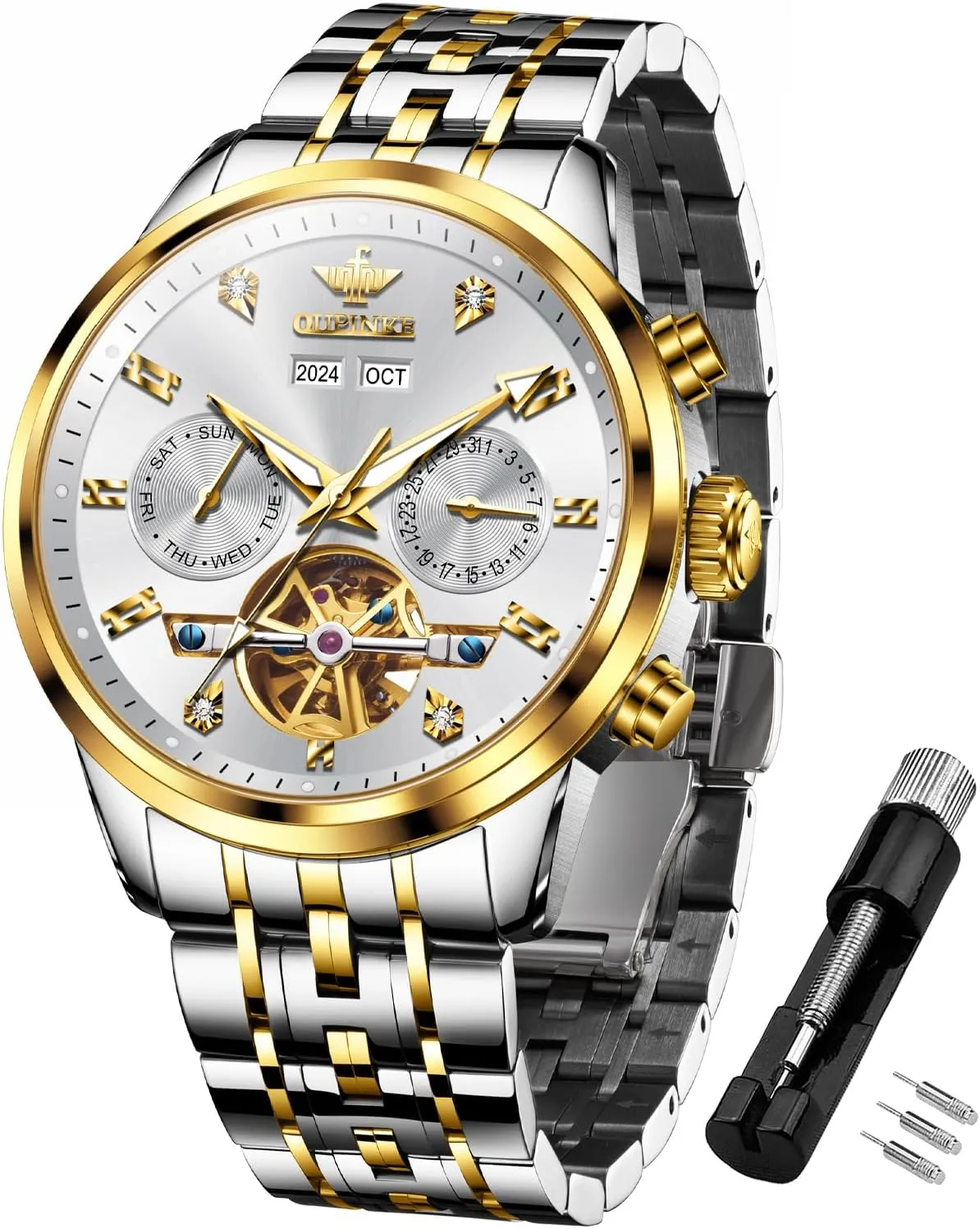 Casual Male Wristwatch OUPINKE Automatic Watches for Men Luxury Stainless Steel Sapphire Calendar Big Face ingredient thereby subway shoreline Self Winding 