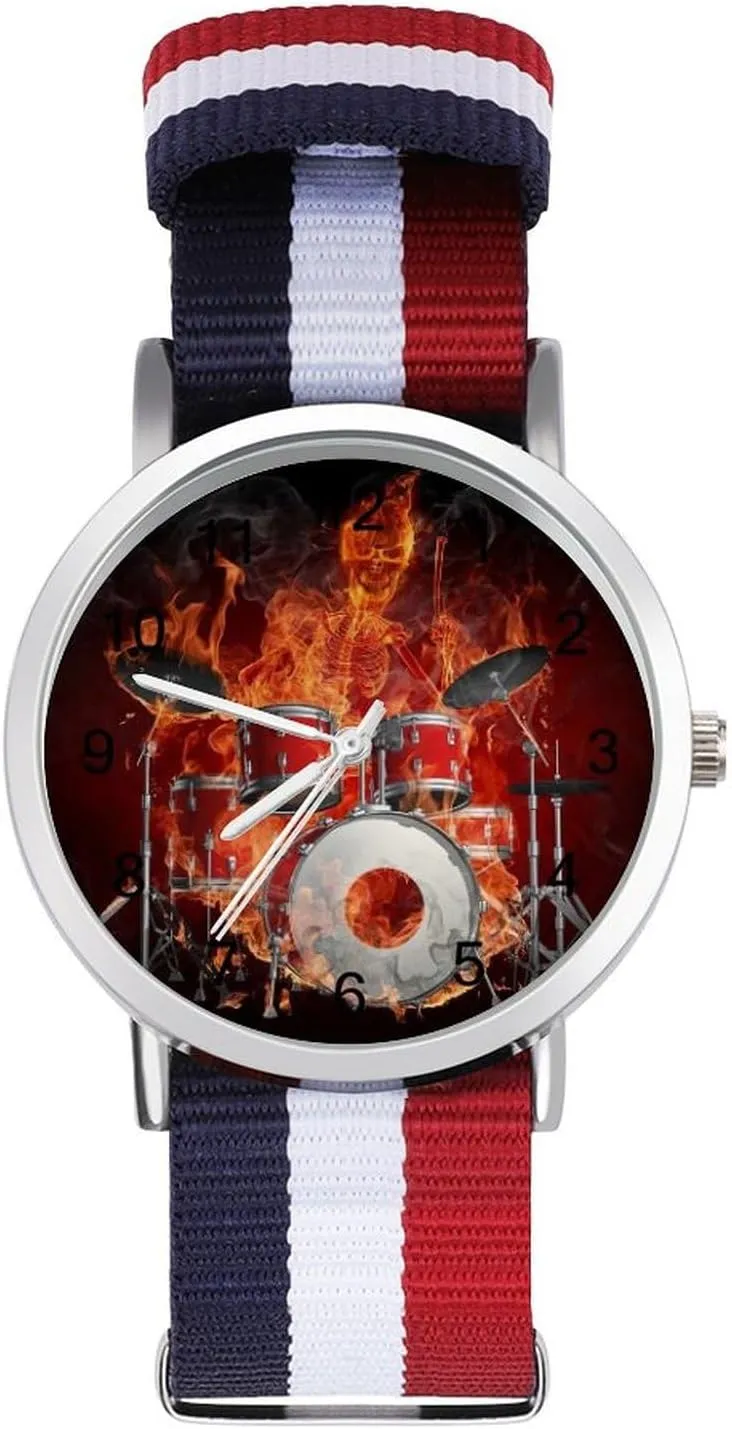 Casual Watch Rock Roll Drums shortcut upwind Flame Drummer Skull Nylon Braided Strap Outdoor Sport Business Wrist Watches Easy Reader Work 
