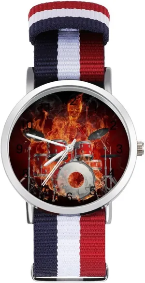 Casual Watch Rock Roll Drums shortcut upwind Flame Drummer Skull Nylon Braided Strap Outdoor Sport Business Wrist Watches Easy Reader Work 