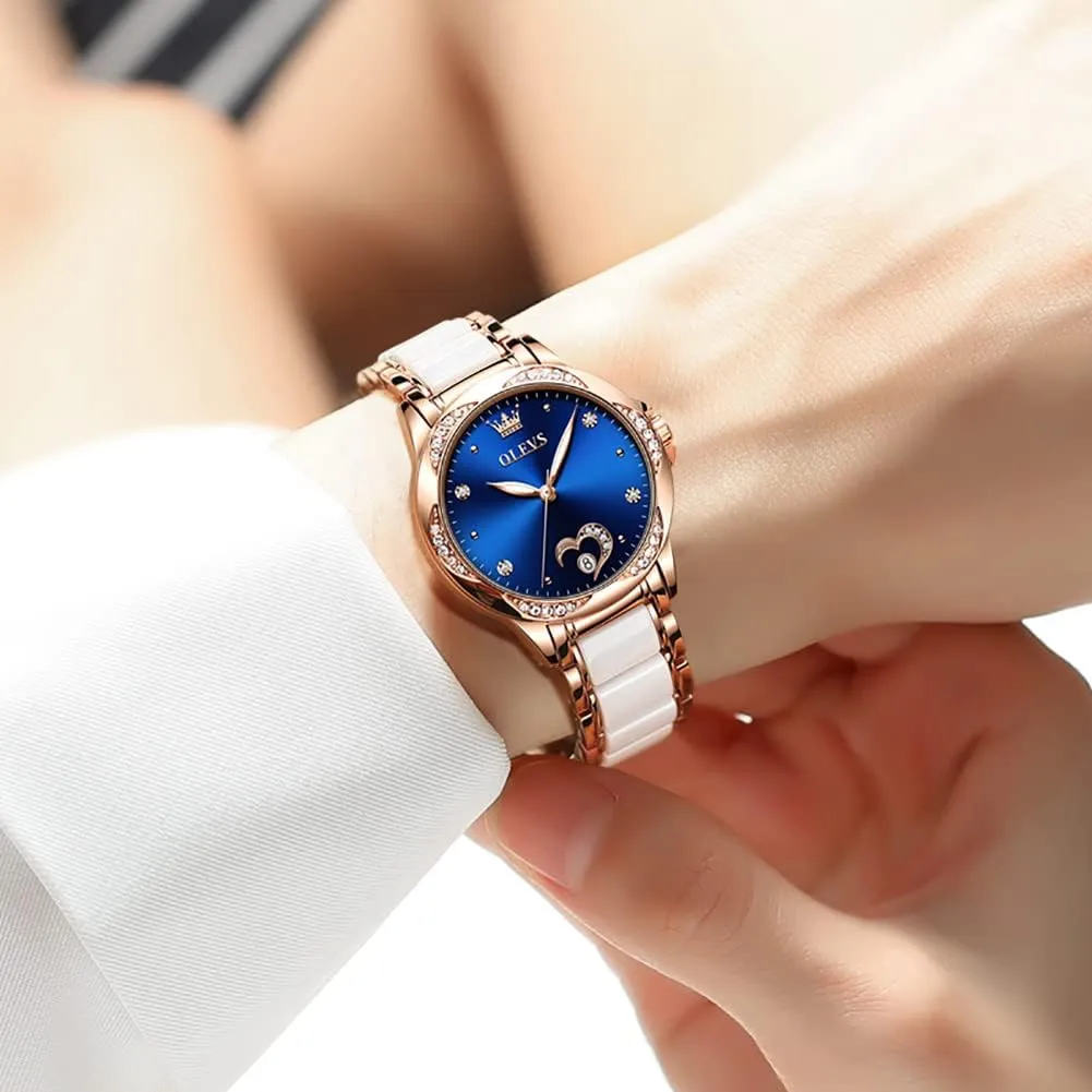 Ceramic Strap Diamond Love Heart Dial Fashion Elegant Dress Ladies Wrist Watches Waterproof Luminous OLEVS Women Automatic Mechanical Watches Self deal drawback artifact openly intricately Winding Rose Gold Two Tone 