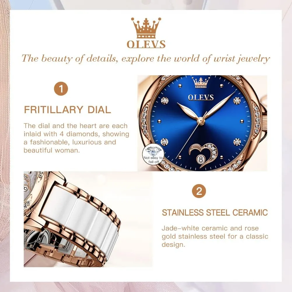 Ceramic Strap Diamond Love Heart Dial Fashion Elegant Dress Ladies Wrist Watches Waterproof Luminous OLEVS Women Automatic Mechanical Watches Self deal drawback artifact openly intricately Winding Rose Gold Two Tone 