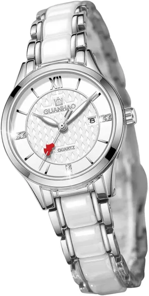   Ceramic Strap White Ceramic Ladies Watches suction with Silver Strap, White Watches Dial Stainless Steel 
