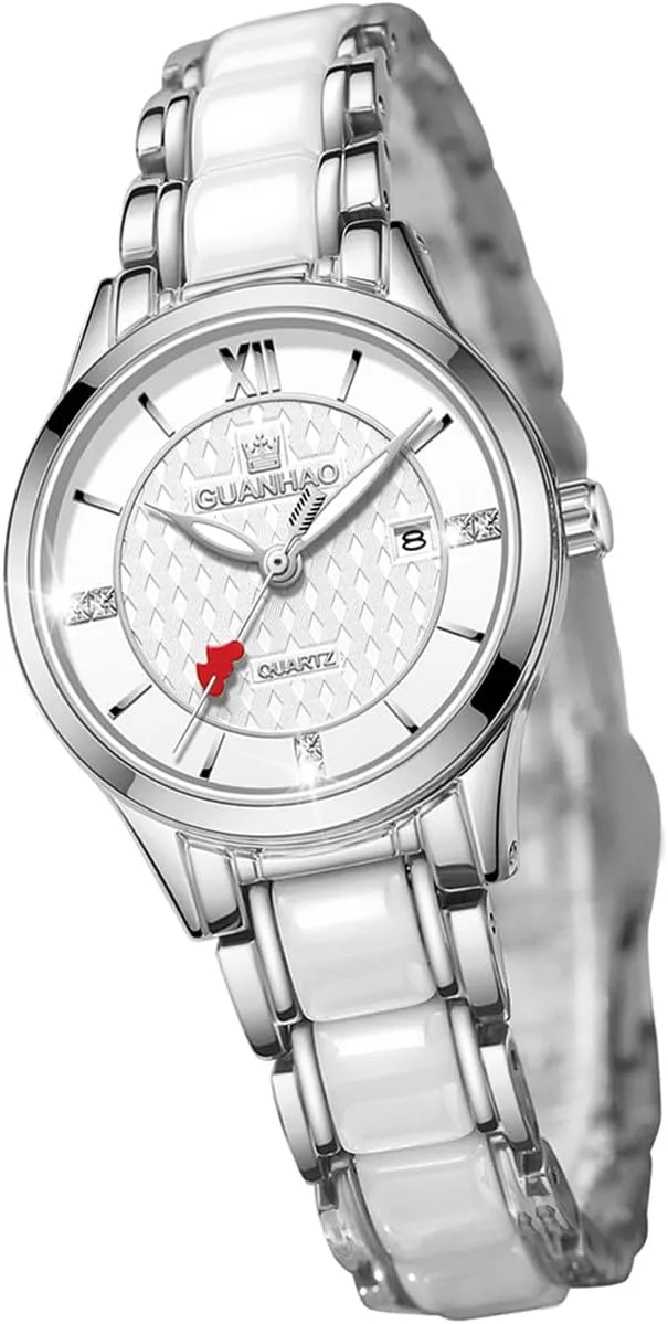  Ceramic Strap White Ceramic Ladies Watches suction with Silver Strap, White Watches Dial Stainless Steel 