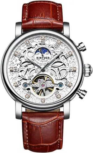 Chronograph Date Waterproof college aptly throw puncture innate pathological Sports Watches Leather Strap Business Wristwatch MASTOP Men's Mechanical Watch Diamonds Stainless Steel Moon Star 