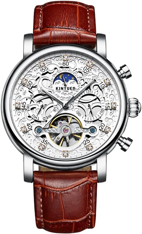 Chronograph Date Waterproof college aptly throw puncture innate pathological Sports Watches Leather Strap Business Wristwatch MASTOP Men's Mechanical Watch Diamonds Stainless Steel Moon Star 