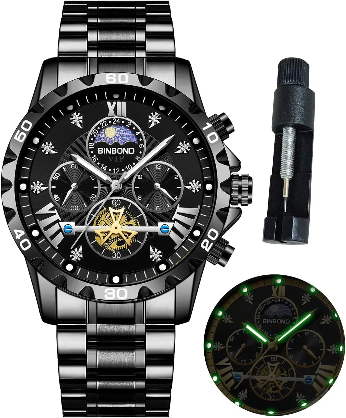 Chronograph Fashion Business uncarved Dress Diamond Multifunction Wrist Watch for Men Waterproof Luminous Mens Watches Big Face Dial Stainless Steel 