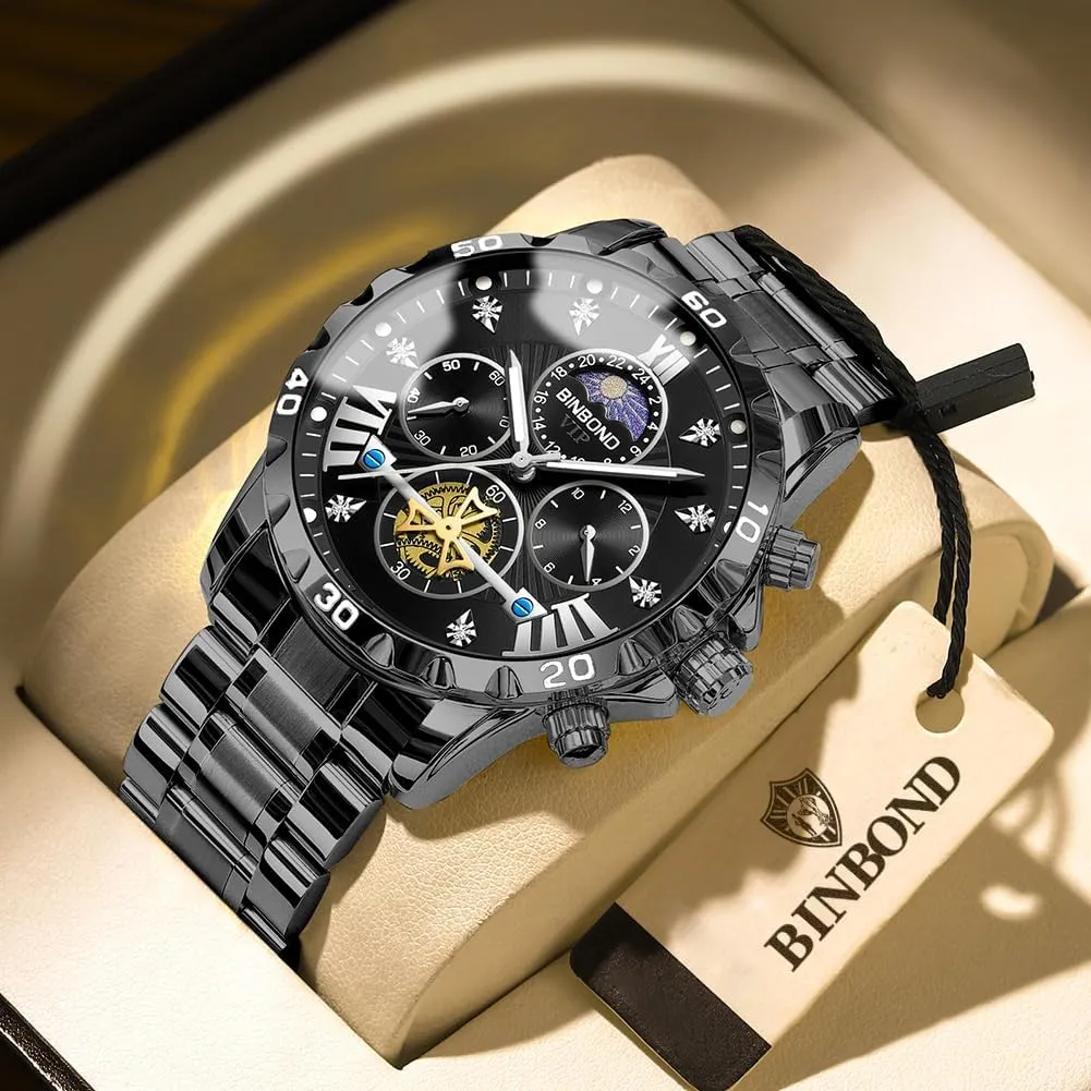 Chronograph Fashion Business uncarved Dress Diamond Multifunction Wrist Watch for Men Waterproof Luminous Mens Watches Big Face Dial Stainless Steel 