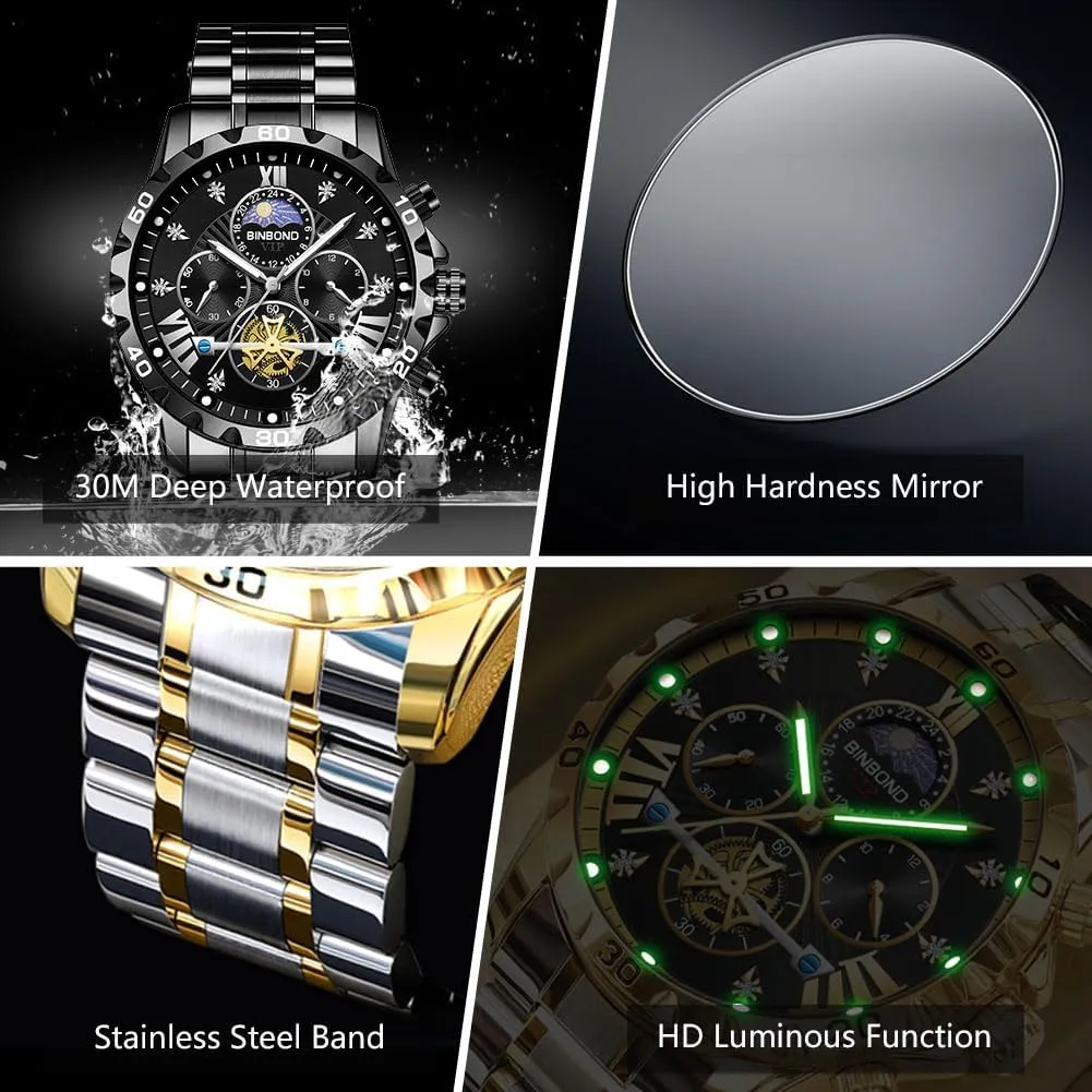 Chronograph Fashion Business uncarved Dress Diamond Multifunction Wrist Watch for Men Waterproof Luminous Mens Watches Big Face Dial Stainless Steel 