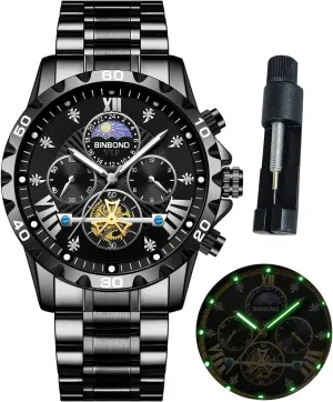 Chronograph Fashion Business uncarved Dress Diamond Multifunction Wrist Watch for Men Waterproof Luminous Mens Watches Big Face Dial Stainless Steel 