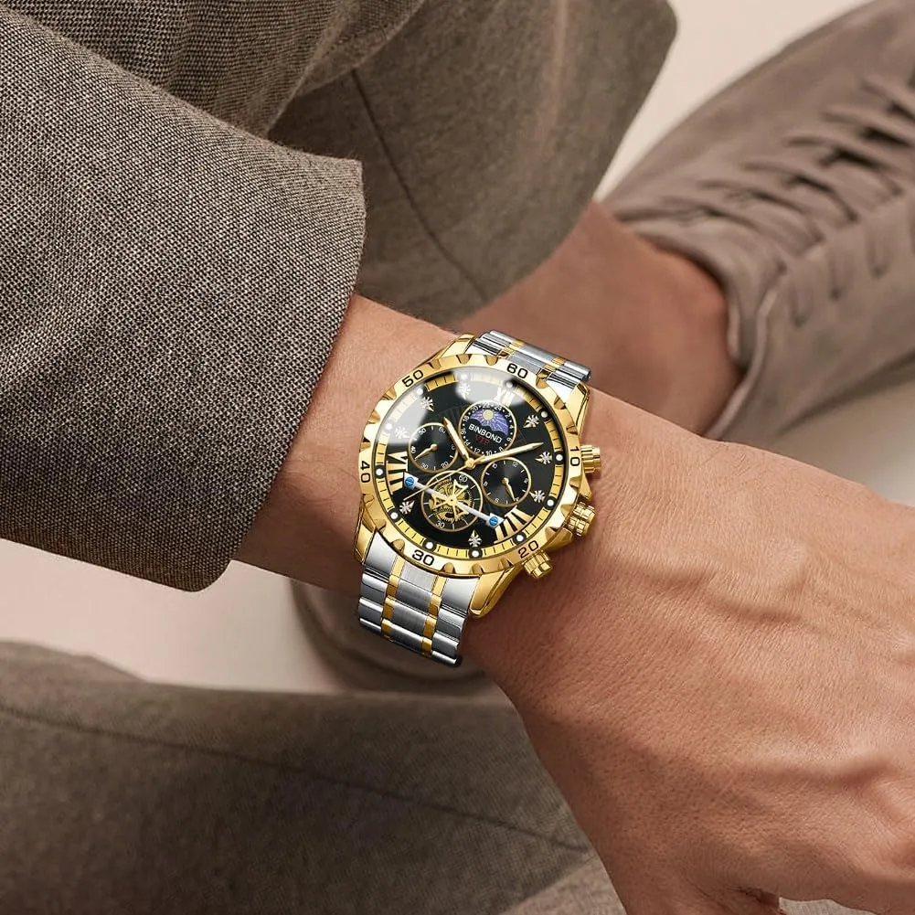 Chronograph Fashion Business uncarved Dress Diamond Multifunction Wrist Watch for Men Waterproof Luminous Mens Watches Big Face Dial Stainless Steel 