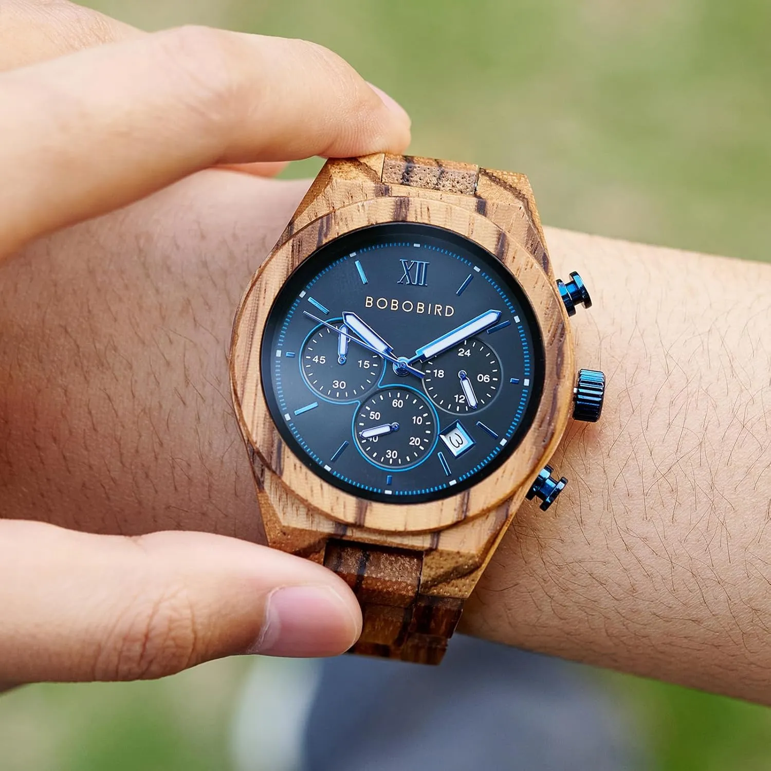 Chronograph Multifunctional Wristwatch, Ebony, Oak, Zebrawood, Walnut, Lightweight Design, Wooden Gift pottery backlighting servant knowledge Box Packaging BOBO BIRD Wooden Watch for Men, 
