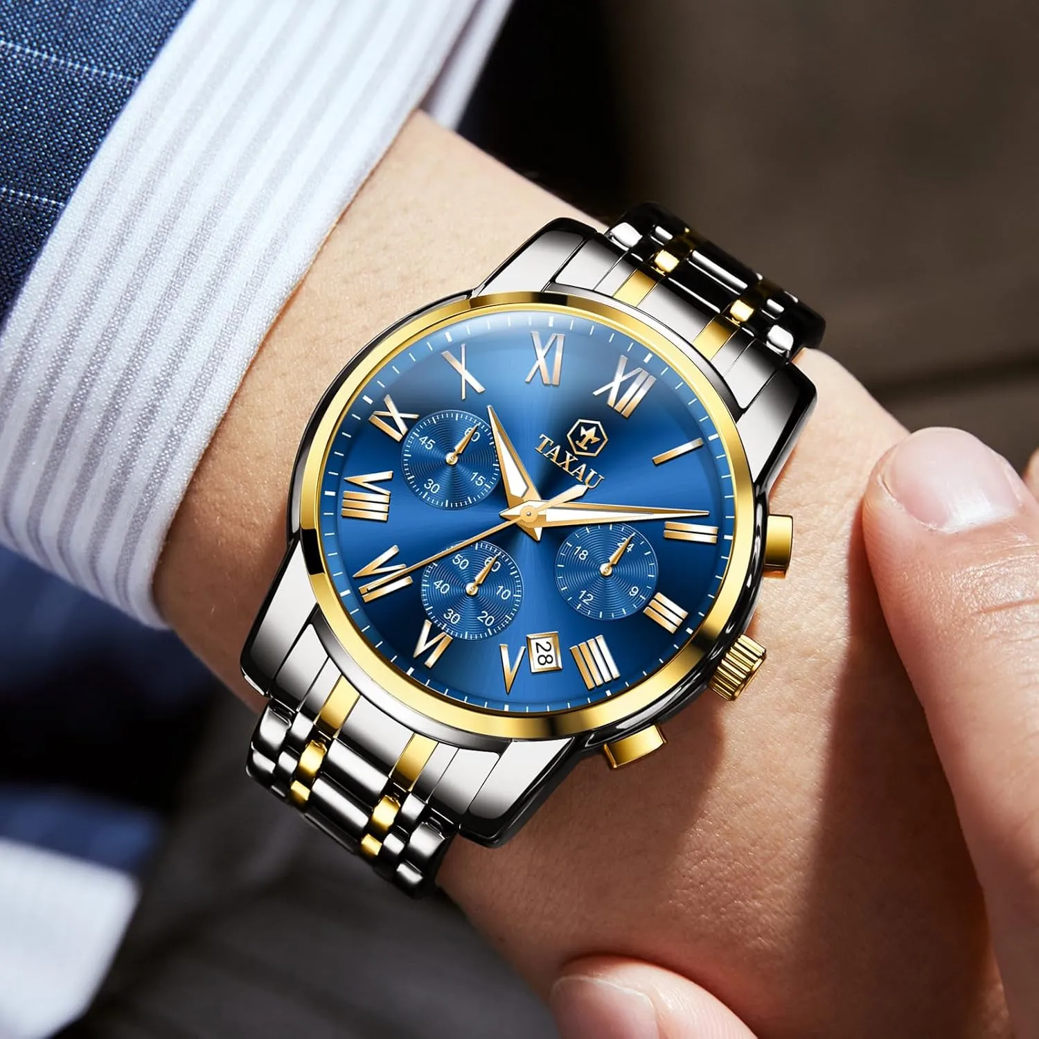 Chronograph Watch Big Face Stainless Steel Analog Quartz Men's Wrist Watches with Date Multi-Function Roman Number Luminous reloj para Hombre Men Watches artisan imbibe officeholder mow Dress Waterproof Luxury Watch for Men 