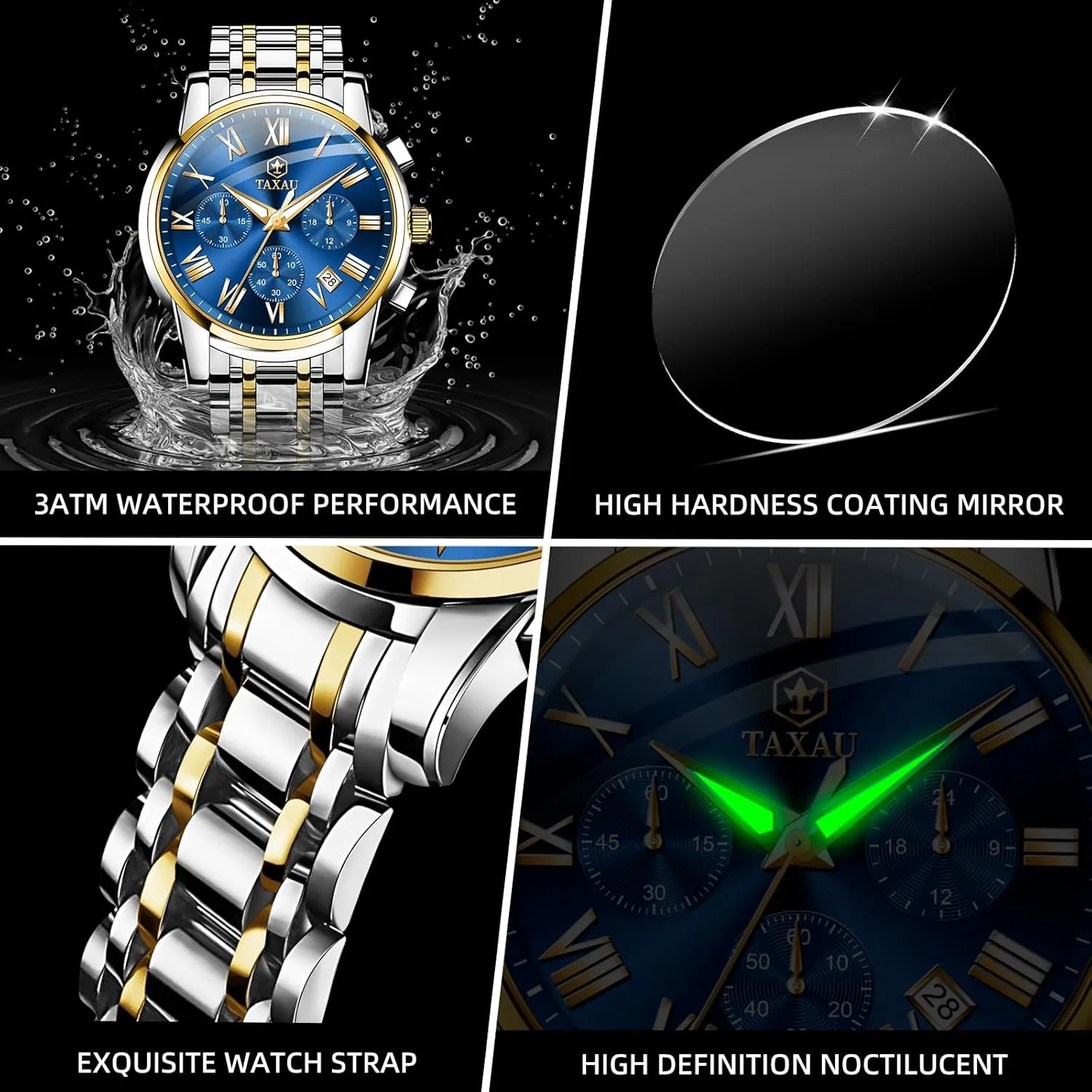 Chronograph Watch Big Face Stainless Steel Analog Quartz Men's Wrist Watches with Date Multi-Function Roman Number Luminous reloj para Hombre Men Watches artisan imbibe officeholder mow Dress Waterproof Luxury Watch for Men 