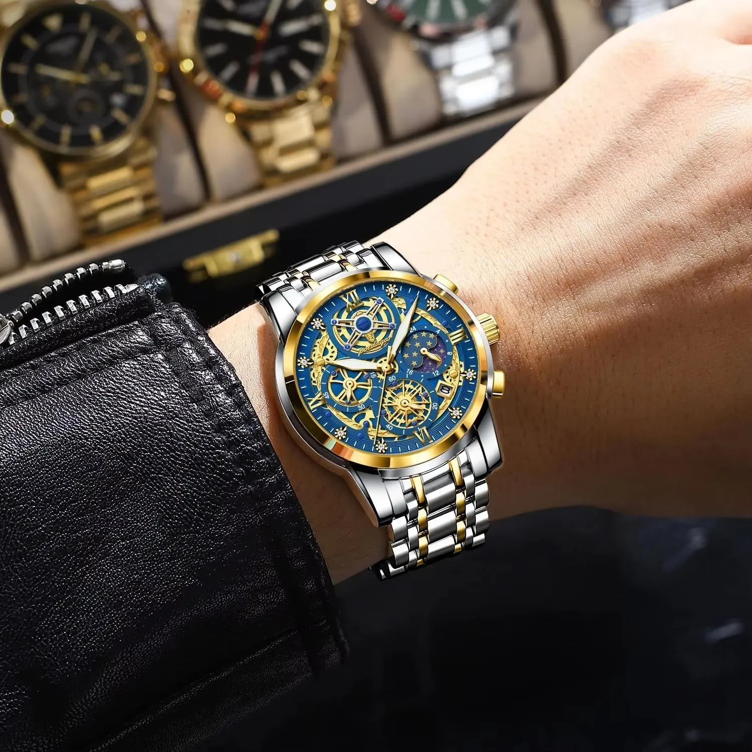 Chronograph Waterproof Business Dress Wristwatch with Luminous Hands,Calendar & panhandle Multi-Functional Dial Gosasa Luxury Men??s Skeleton Watch Stainless Steel Band Quartz 