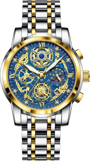 Chronograph Waterproof Business Dress Wristwatch with Luminous Hands,Calendar & panhandle Multi-Functional Dial Gosasa Luxury Men??s Skeleton Watch Stainless Steel Band Quartz 