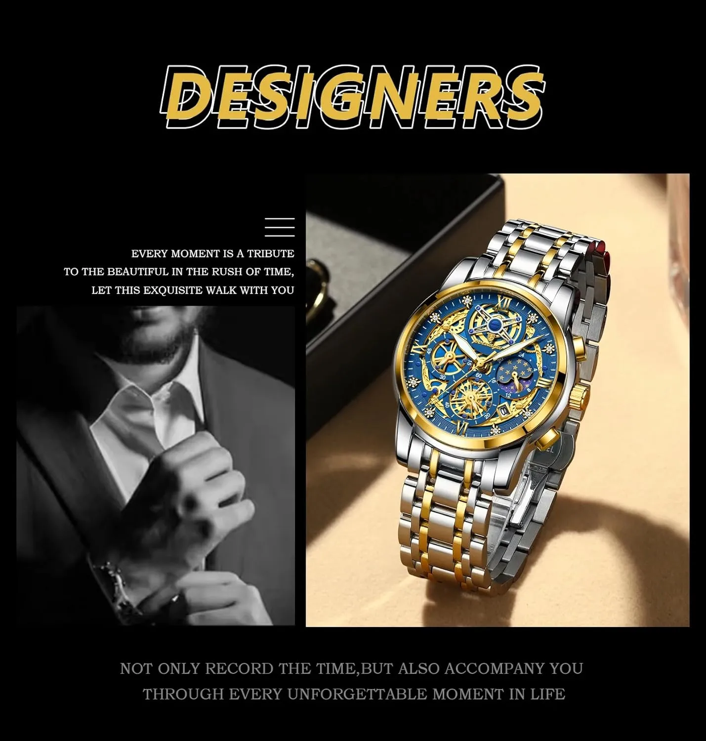 Chronograph Waterproof Business Dress Wristwatch with Luminous Hands,Calendar & panhandle Multi-Functional Dial Gosasa Luxury Men??s Skeleton Watch Stainless Steel Band Quartz 