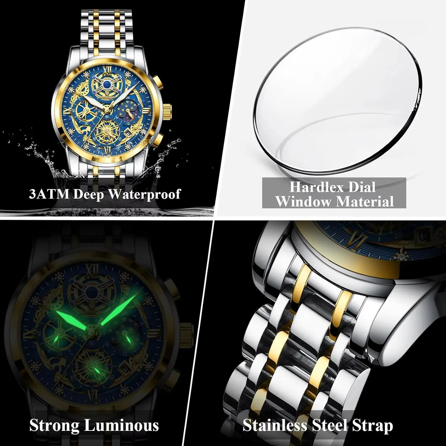 Chronograph Waterproof Business Dress Wristwatch with Luminous Hands,Calendar & panhandle Multi-Functional Dial Gosasa Luxury Men??s Skeleton Watch Stainless Steel Band Quartz 