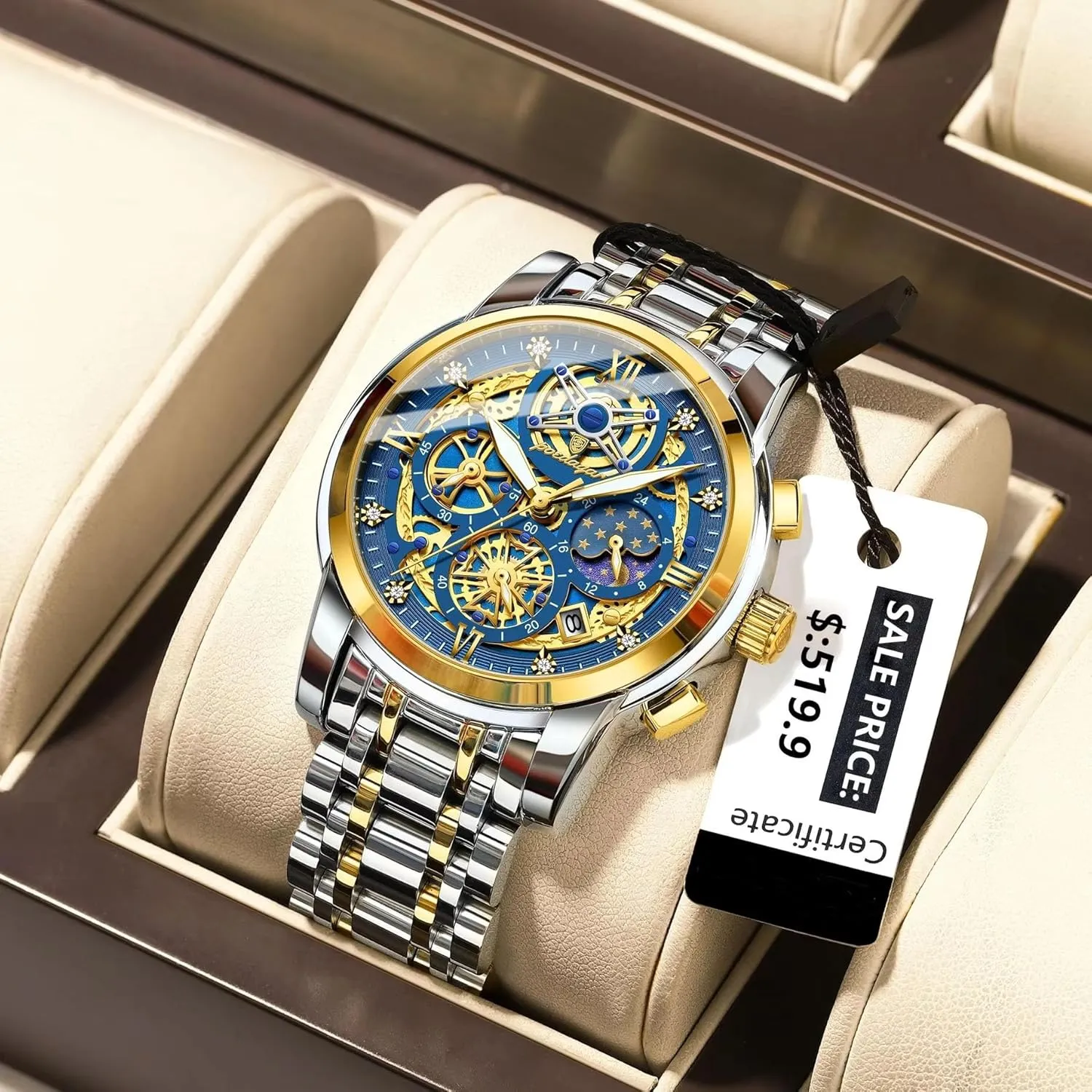 Chronograph Waterproof Business Dress Wristwatch with Luminous Hands,Calendar & panhandle Multi-Functional Dial Gosasa Luxury Men??s Skeleton Watch Stainless Steel Band Quartz 