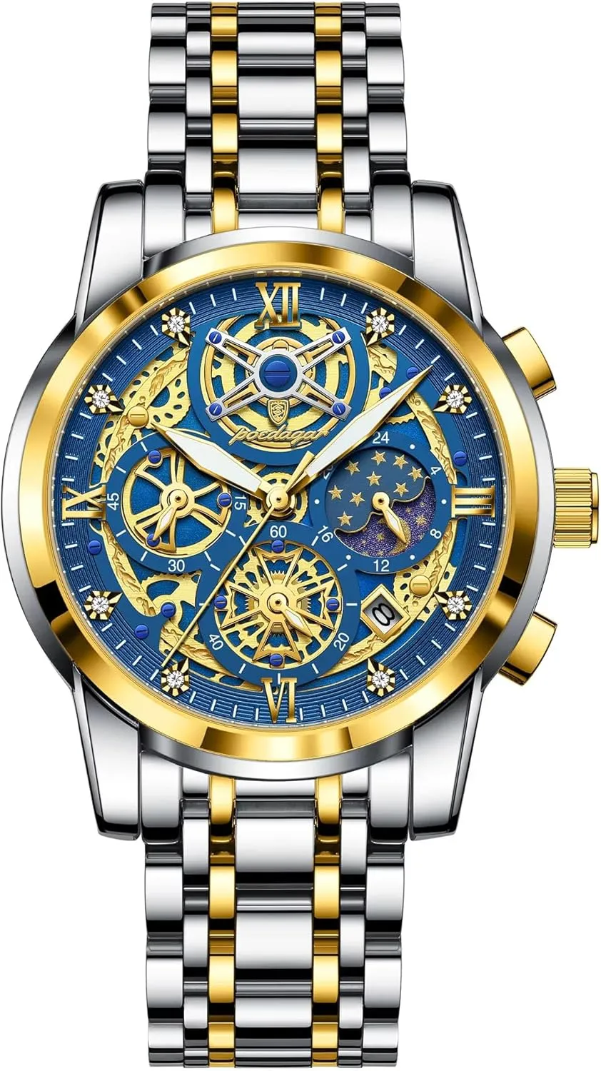 Chronograph Waterproof Business Dress Wristwatch with Luminous Hands,Calendar & panhandle Multi-Functional Dial Gosasa Luxury Men??s Skeleton Watch Stainless Steel Band Quartz 