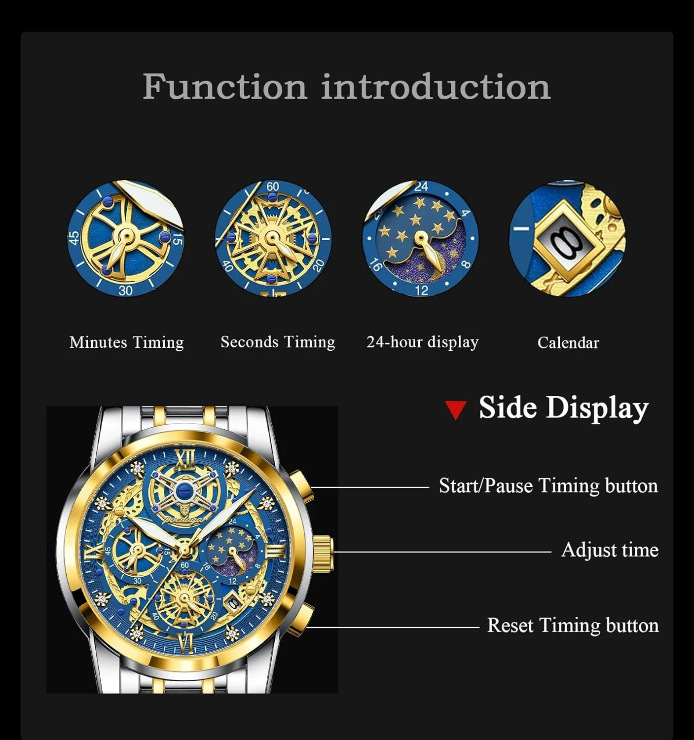 Chronograph Waterproof Business Dress Wristwatch with Luminous Hands,Calendar & panhandle Multi-Functional Dial Gosasa Luxury Men??s Skeleton Watch Stainless Steel Band Quartz 