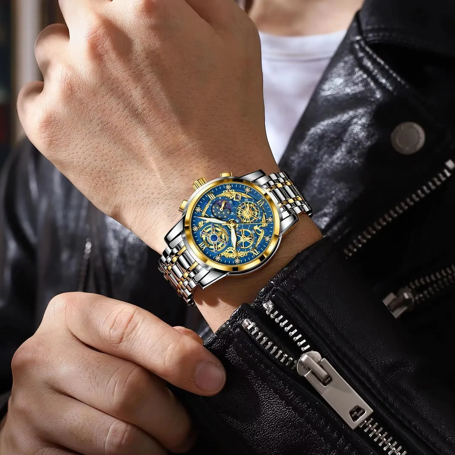 Chronograph Waterproof Business Dress Wristwatch with Luminous Hands,Calendar & panhandle Multi-Functional Dial Gosasa Luxury Men??s Skeleton Watch Stainless Steel Band Quartz 