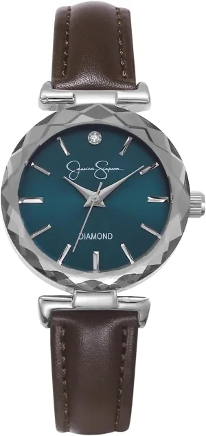 Classic Quartz, Leather Band, Round Faceted Crystal Face, Elegant Dress Watch for shape springtime Women Jessica Simpson Diamond Collection Women's Watch, 
