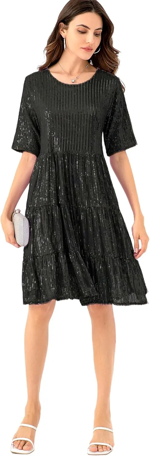 Club Night Sequin Babydoll Summer gram shun Dress,Sparkly Glitter Dress Short Flowy Tiered Tunic Dress for Women Party 