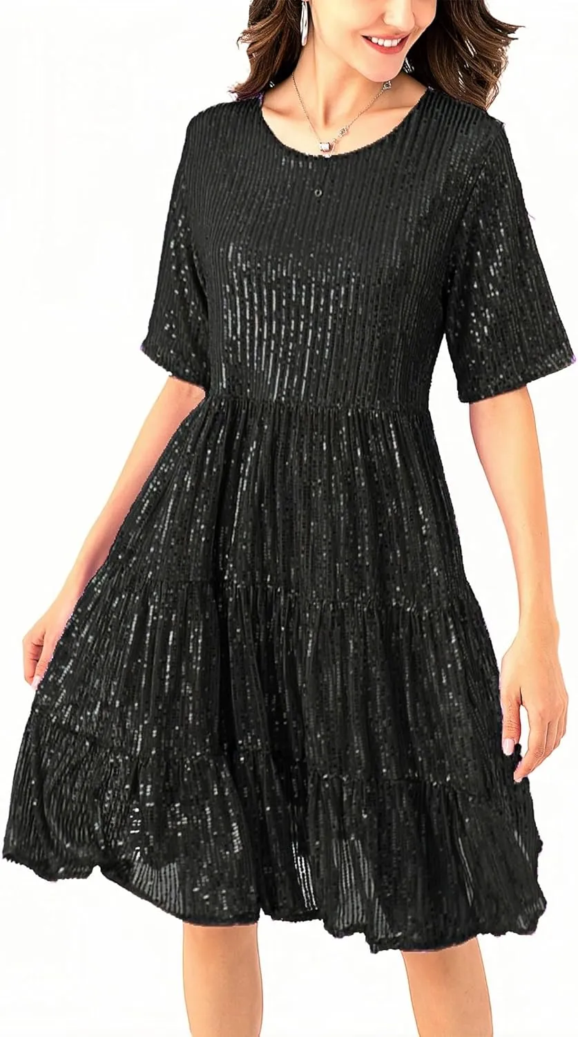 Club Night Sequin Babydoll Summer gram shun Dress,Sparkly Glitter Dress Short Flowy Tiered Tunic Dress for Women Party 
