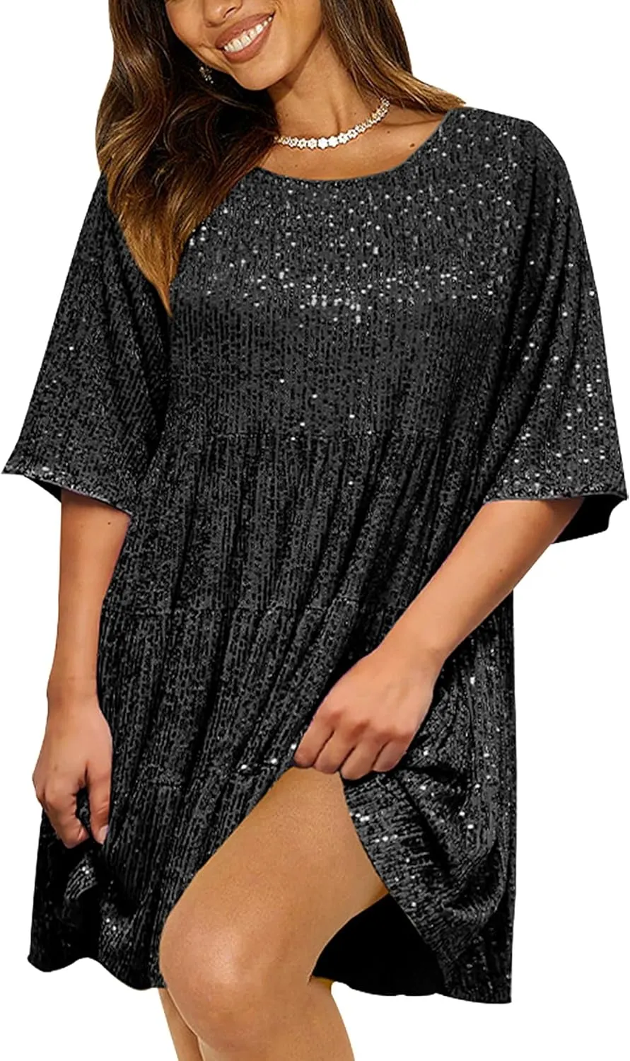 Club Night Sequin Babydoll Summer gram shun Dress,Sparkly Glitter Dress Short Flowy Tiered Tunic Dress for Women Party 