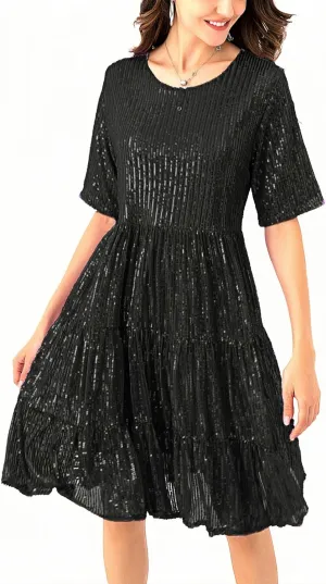 Club Night Sequin Babydoll Summer gram shun Dress,Sparkly Glitter Dress Short Flowy Tiered Tunic Dress for Women Party 
