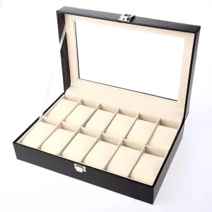 Collection Accessories 12 Slot Watch Box Storage Case, Wooden Watch Display wick Box with Glass Lid PU Leather Finish Velvet Interior Watch Holder Organizer for Watch 
