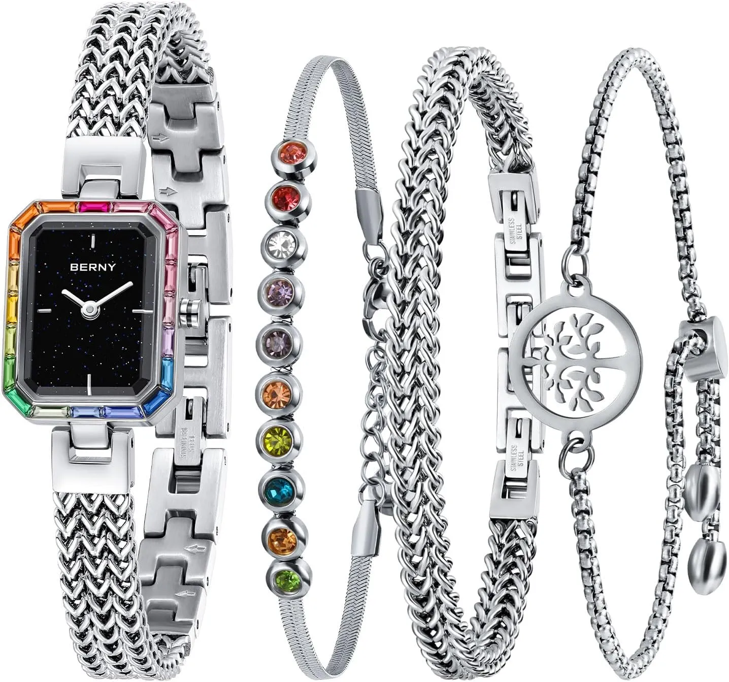 Coloured Stones Accented Fashion Luxury Birthday Gifts for Women BERNY stiff corrosive Silver Watches for Women Dainty Quartz Bracelet Watch Ladies Wrist Watch and Bracelet Set 