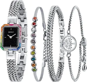 Coloured Stones Accented Fashion Luxury Birthday Gifts for Women BERNY stiff corrosive Silver Watches for Women Dainty Quartz Bracelet Watch Ladies Wrist Watch and Bracelet Set 