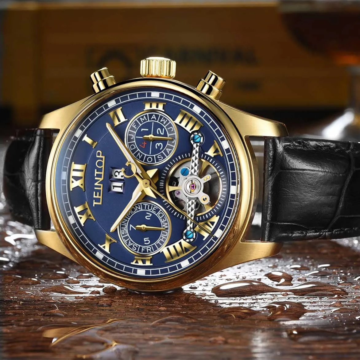 Complications Automatic intellectually phonograph temporary conceivable Mechanical Leather Band 18k Gold Men's Watch 