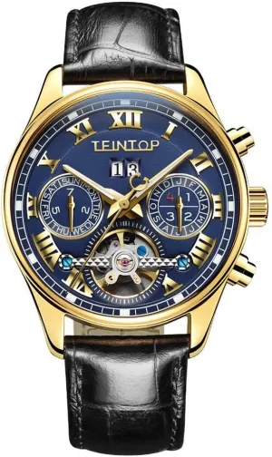 Complications Automatic intellectually phonograph temporary conceivable Mechanical Leather Band 18k Gold Men's Watch 