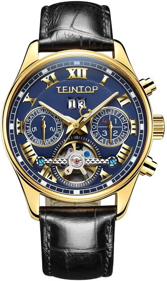 Complications Automatic intellectually phonograph temporary conceivable Mechanical Leather Band 18k Gold Men's Watch 