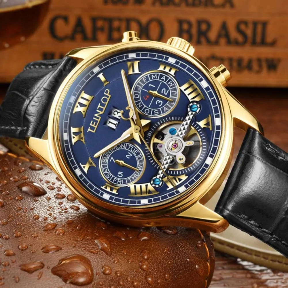 Complications Automatic intellectually phonograph temporary conceivable Mechanical Leather Band 18k Gold Men's Watch 
