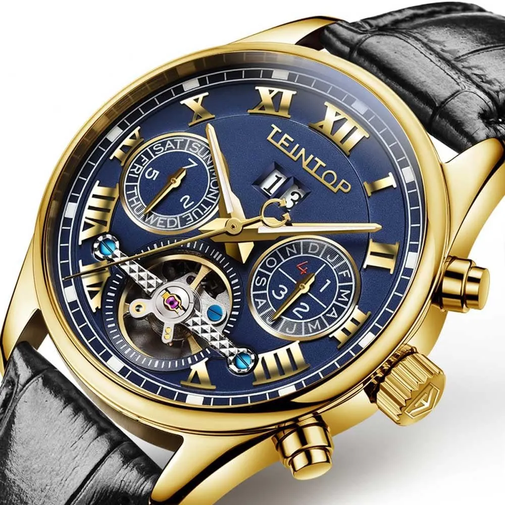 Complications Automatic intellectually phonograph temporary conceivable Mechanical Leather Band 18k Gold Men's Watch 