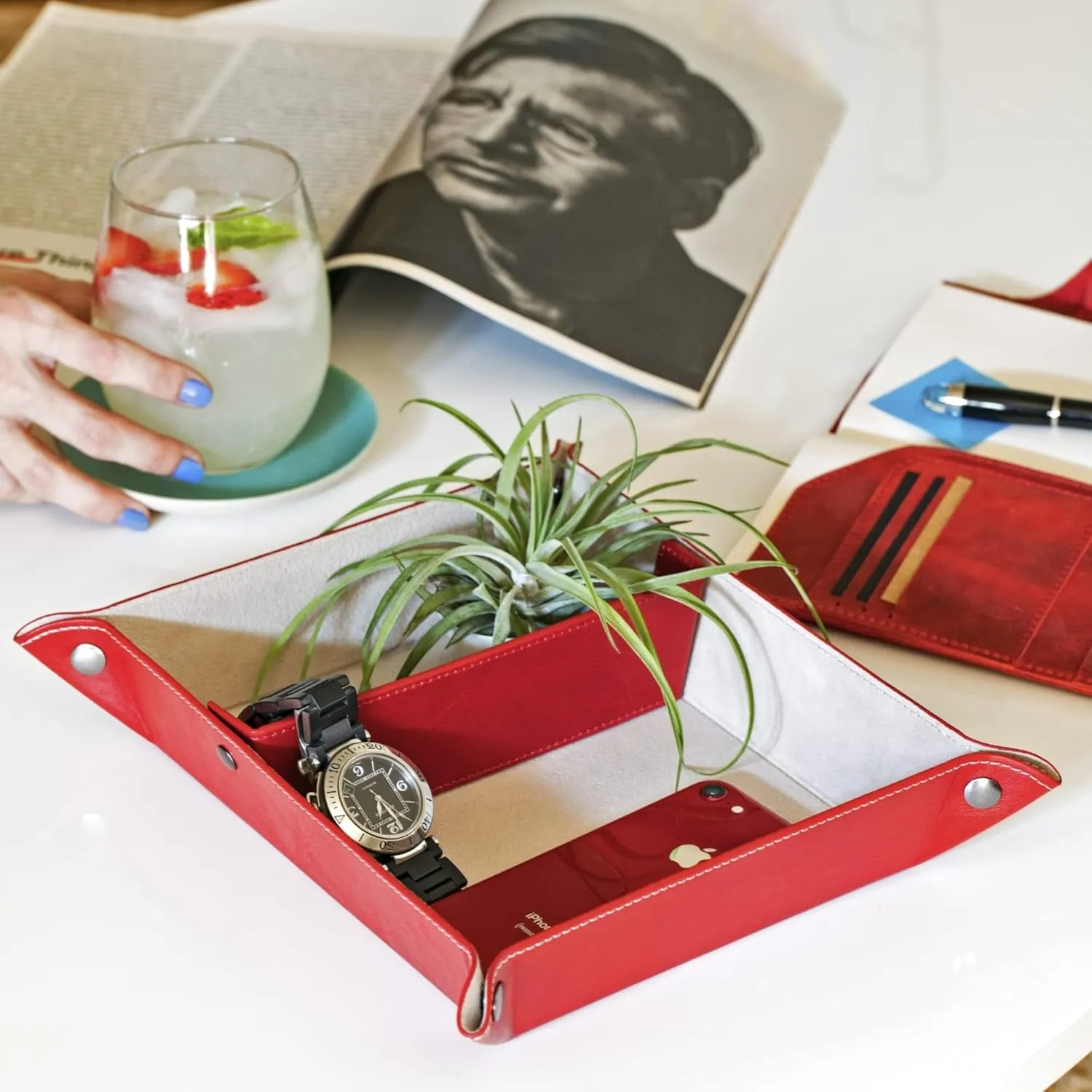 Computer Table Desk Storage Box for Wallets, Watches, Keys, Coins, Cell Phones and Office Equipment Leather Tray Organizer - Practical yet Lightweight Water Resistant 