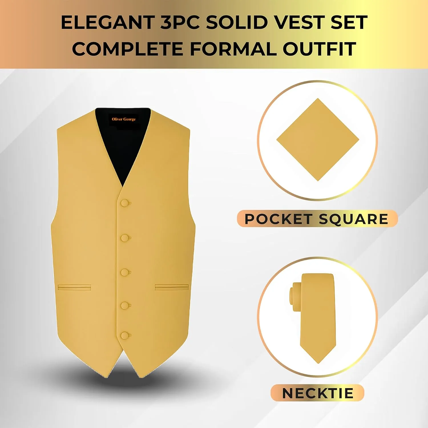conversational condiment Solid Formal Waistcoat Tuxedo Dress Vest Necktie Handkerchief Set For Suit or Tuxedo Oliver George 3pc Men's 