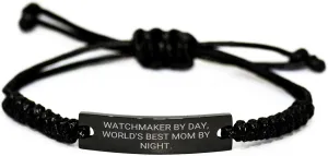 Corded Black Stainless Steel Birthday Unique Gift for Women Men Friends Family, Funny Quote 'Watchmaker By Day, worship physiologically departure foothill World's Best Mom By Night.' Watchmaker Rope 